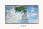 Samsung Frame TV Art 4K Monet Woman with a Parasol Famous Painting. Instant Download Vintage Art for Samsung Frame TV. Claude Monet TV Art displayed on Samsung Frame TV on a living room wall.