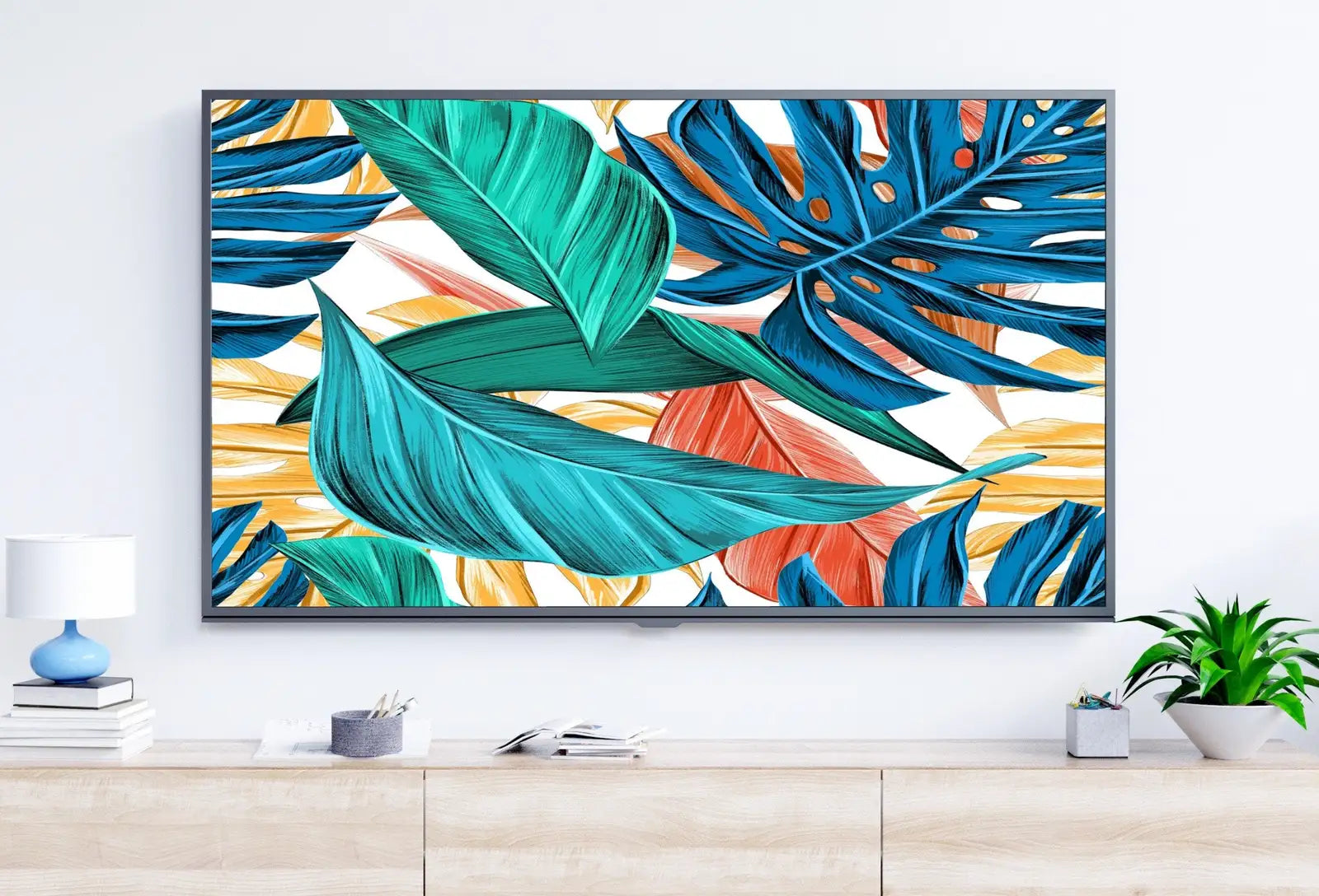 Detail view of artwork from Samsung Frame TV Art 4K Monstera and Palm Leaf Wall Art. Instant Download Colorful Botanical Leaves Painting Tropical Art for the Frame TV. (variation 1)