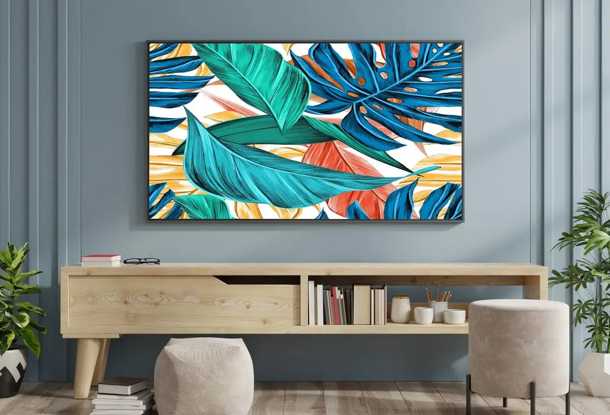Detail view of artwork from Samsung Frame TV Art 4K Monstera and Palm Leaf Wall Art. Instant Download Colorful Botanical Leaves Painting Tropical Art for the Frame TV. (variation 2)