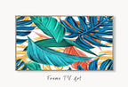 Samsung Frame TV Art 4K Monstera and Palm Leaf Wall Art. Instant Download Colorful Botanical Leaves Painting Tropical Art for the Frame TV displayed on Samsung Frame TV on a living room wall.