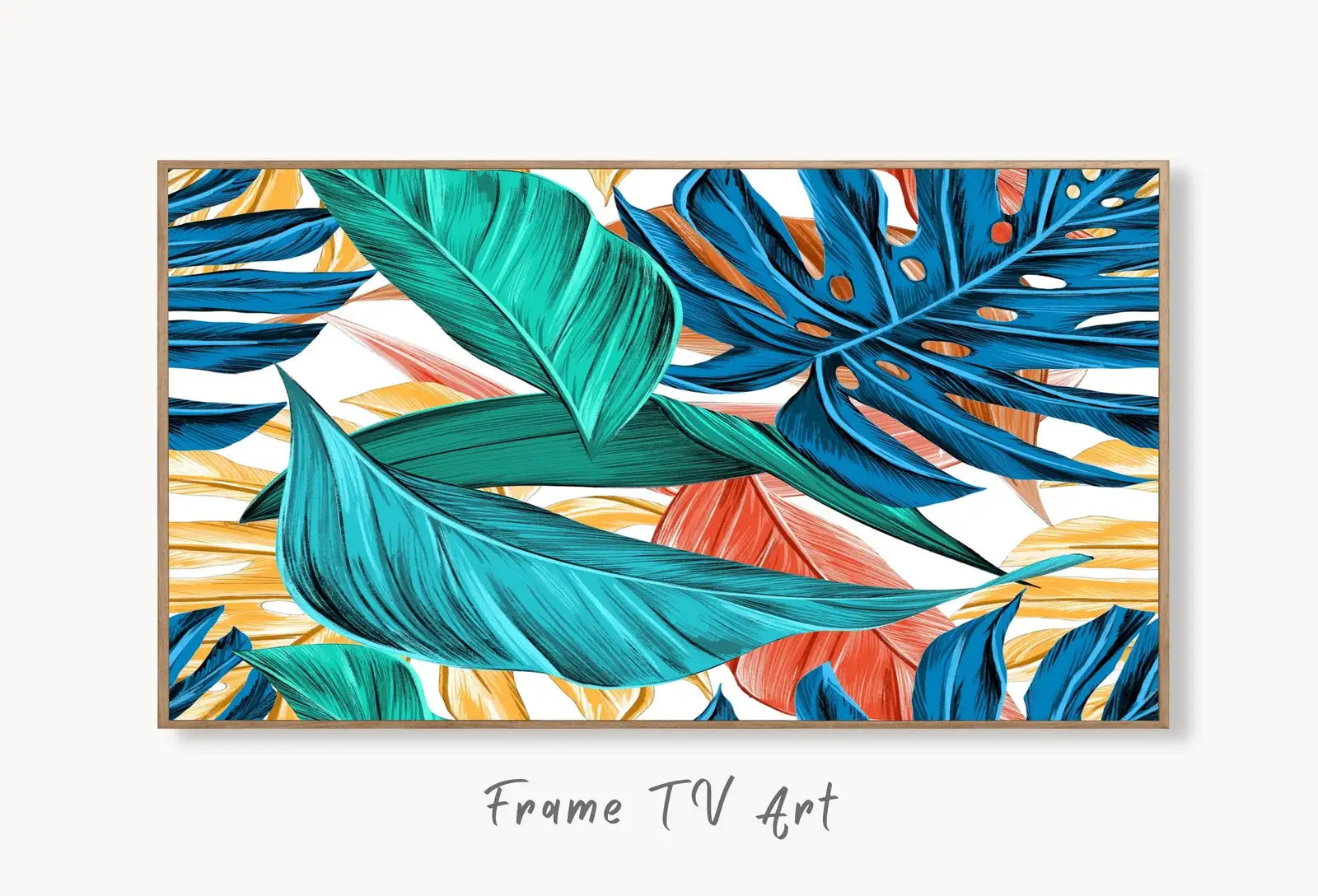 Samsung Frame TV Art 4K Monstera and Palm Leaf Wall Art. Instant Download Colorful Botanical Leaves Painting Tropical Art for the Frame TV displayed on Samsung Frame TV on a living room wall.