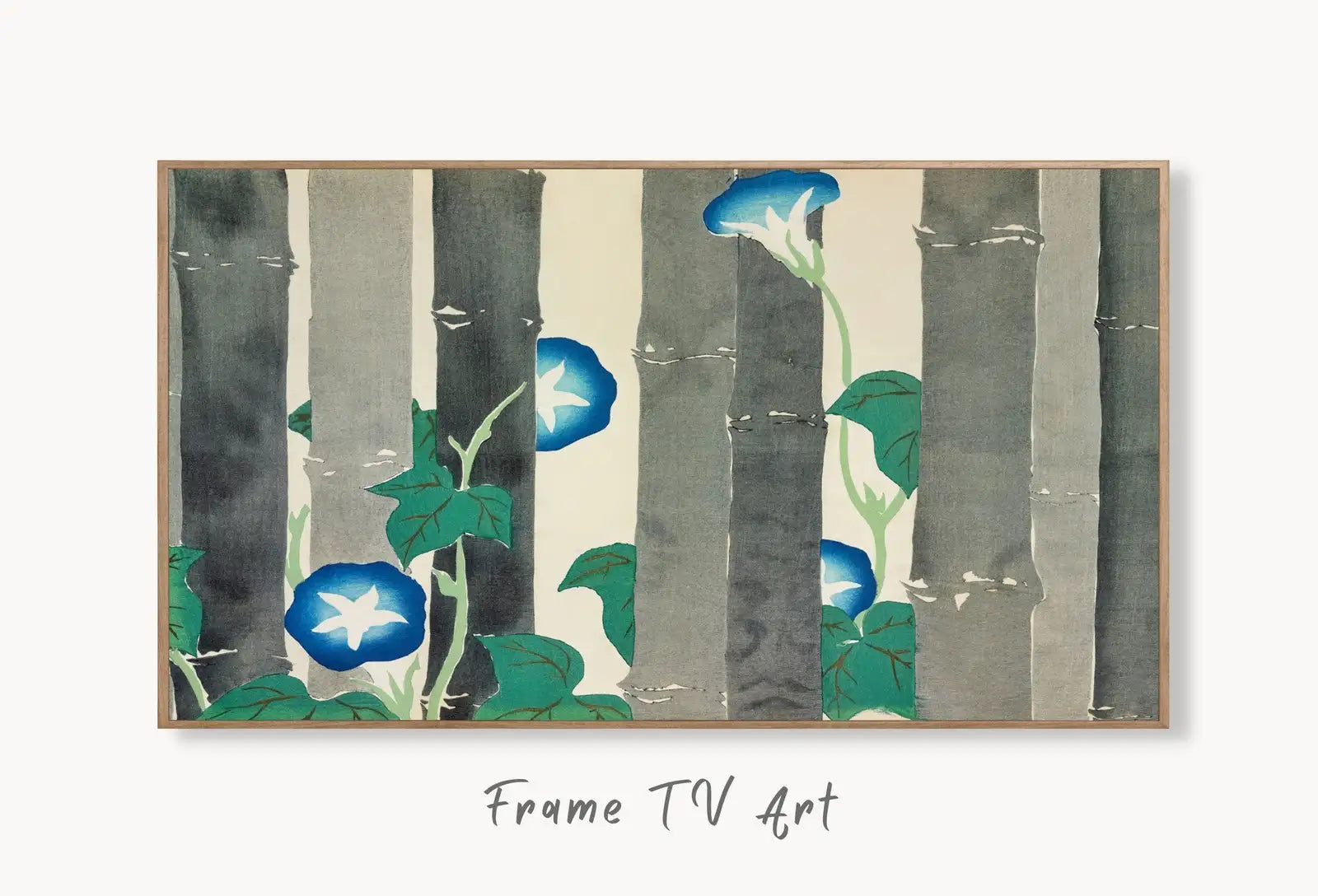 Samsung Frame TV Art 4K Morning Glory Flowers Vintage Japanese Art. Instant Download Antique Japanese Art for Frame TV. Vintage Wall Art displayed on Samsung Frame TV on a living room wall.