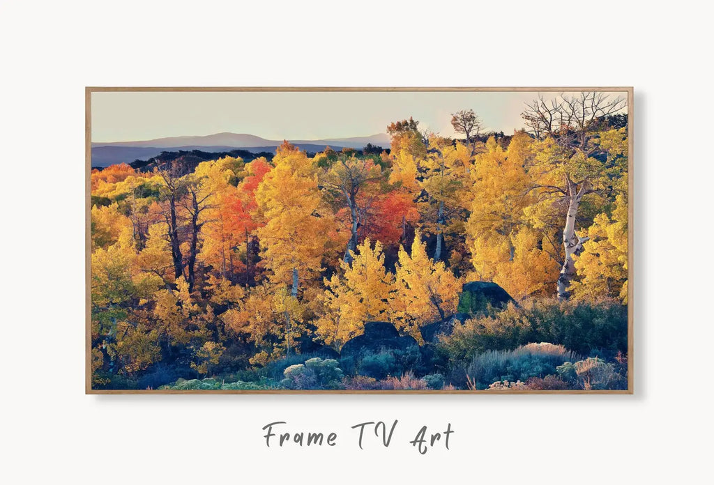 Samsung Frame TV Art 4K Mountain Forest in Autumn Landscape Digital Painting. Instant Download Fall Art for the Samsung Frame TV. Art for TV displayed on Samsung Frame TV on a living room wall.