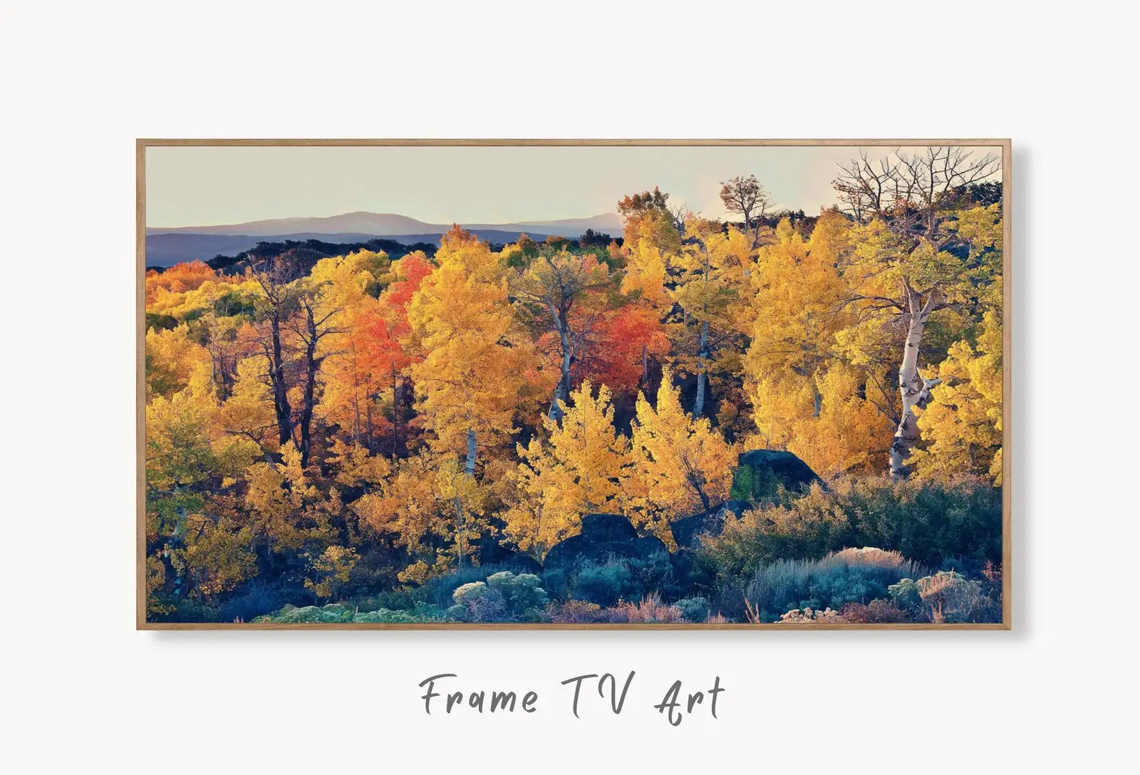 Samsung Frame TV Art 4K Mountain Forest in Autumn Landscape Digital Painting. Instant Download Fall Art for the Samsung Frame TV. Art for TV displayed on Samsung Frame TV on a living room wall.