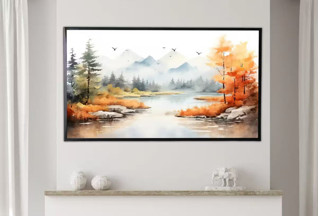 Samsung Frame TV Art 4K Mountain Lake & Forest Fall Landscape Painting. Instant Download Forest Art for Samsung Frame TV. Art for TV – Frame TV  Art