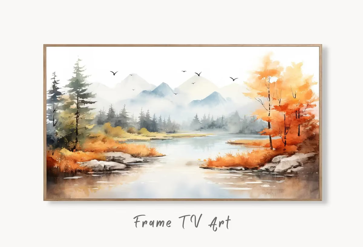 Samsung Frame TV Art 4K Mountain Lake & Forest Fall Landscape Painting. Instant Download Forest Art for Samsung Frame TV. Art for TV – Frame TV  Art