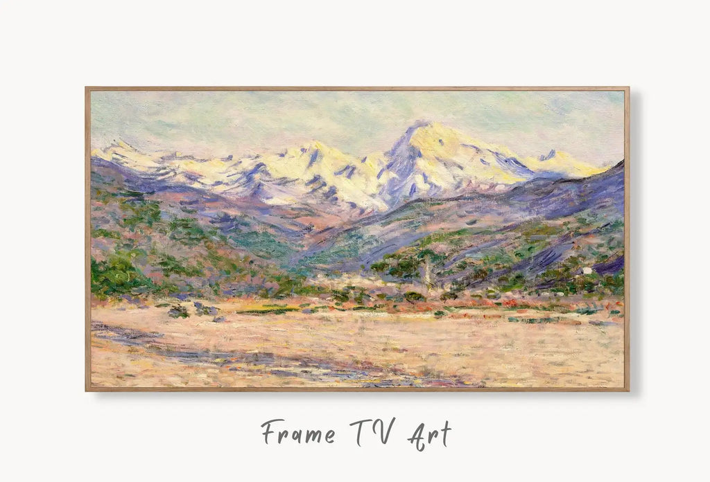 Samsung Frame TV Art 4K Mountain Landscape Famous Claude Monet Painting. Instant Download Landscape Wall Art for Frame TV. Vintage Wall Art displayed on Samsung Frame TV on a living room wall.
