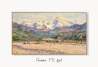 Samsung Frame TV Art 4K Mountain Landscape Famous Claude Monet Painting. Instant Download Landscape Wall Art for Frame TV. Vintage Wall Art displayed on Samsung Frame TV on a living room wall.