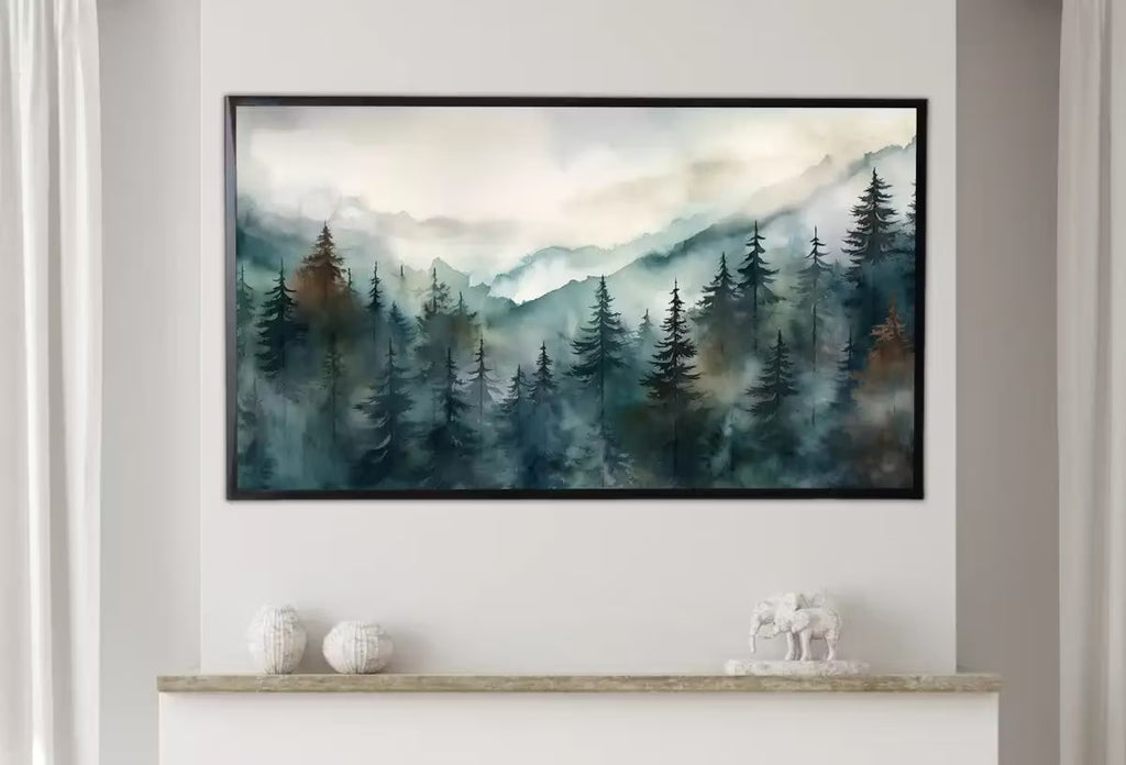Samsung Frame TV Art 4K Mountain Pine Trees Forest Landscape Painting. Instant Download. Forest Art for Samsung Frame TV. Art for TV – Frame TV  Art