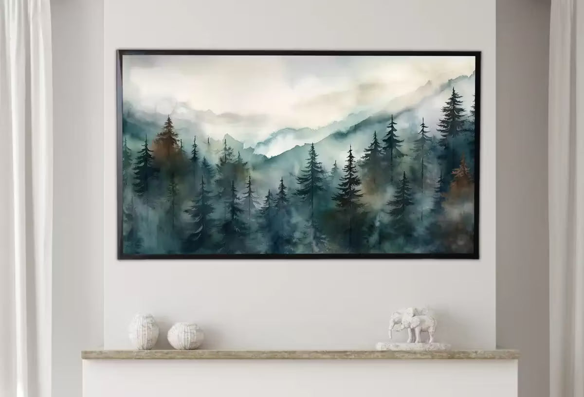 Samsung Frame TV Art 4K Mountain Pine Trees Forest Landscape Painting. Instant Download. Forest Art for Samsung Frame TV. Art for TV – Frame TV  Art