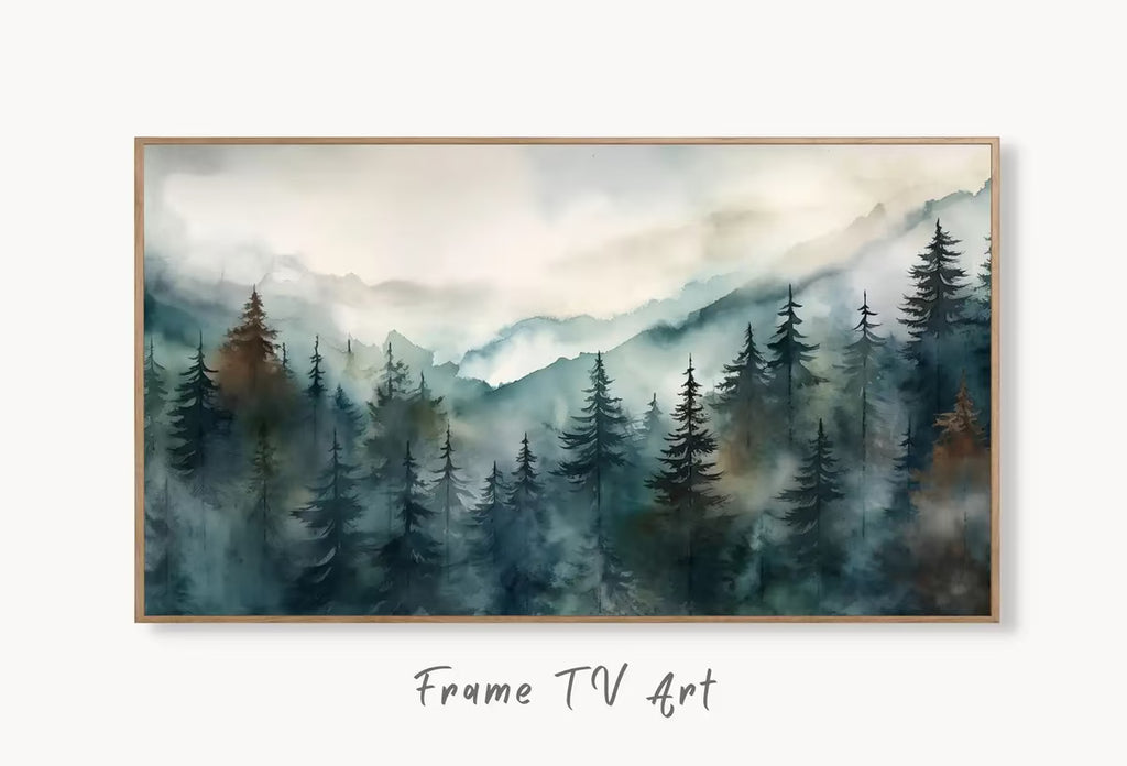 Samsung Frame TV Art 4K Mountain Pine Trees Forest Landscape Painting. Instant Download. Forest Art for Samsung Frame TV. Art for TV – Frame TV  Art