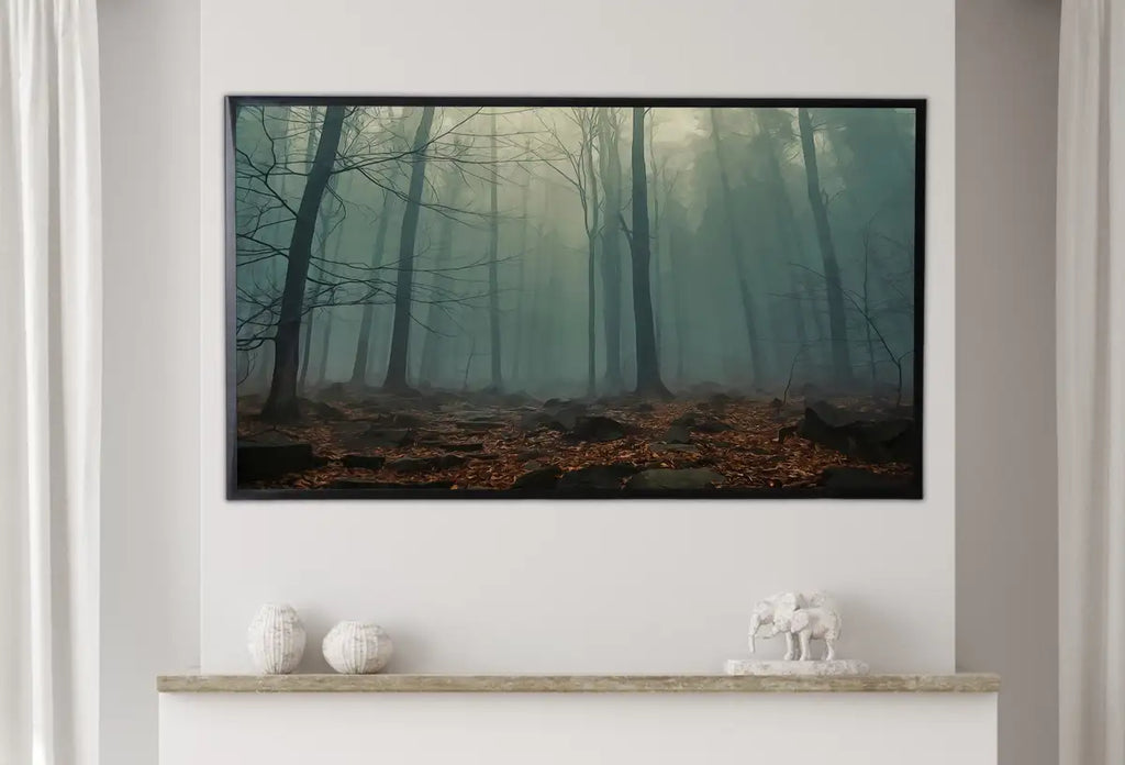 Detail view of artwork from Samsung Frame TV Art 4K Mysterious Foggy Woods Landscape Digital Painting. Instant Download Forest Art for the Samsung Frame TV. Art for TV. (variation 2)