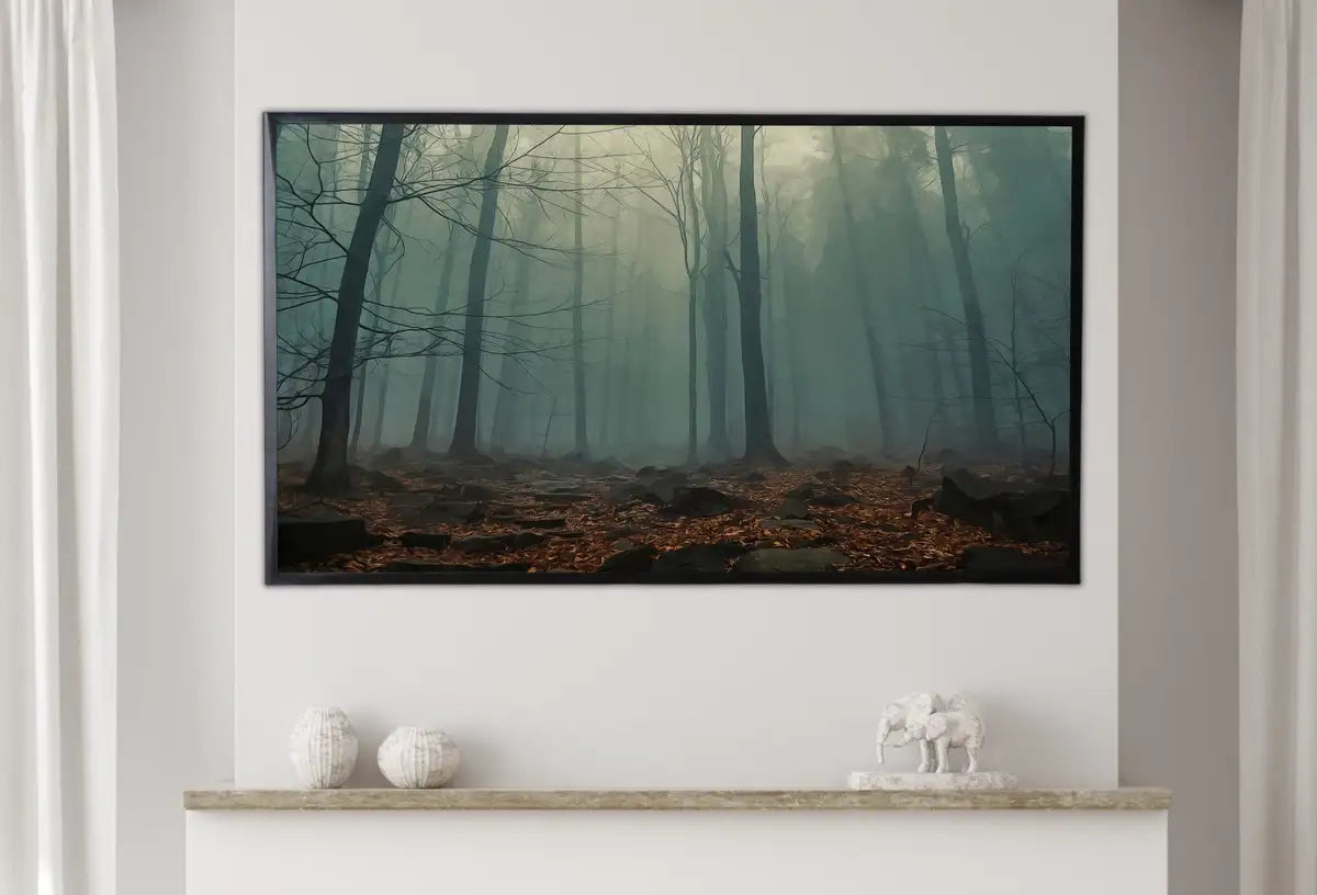 Detail view of artwork from Samsung Frame TV Art 4K Mysterious Foggy Woods Landscape Digital Painting. Instant Download Forest Art for the Samsung Frame TV. Art for TV. (variation 2)