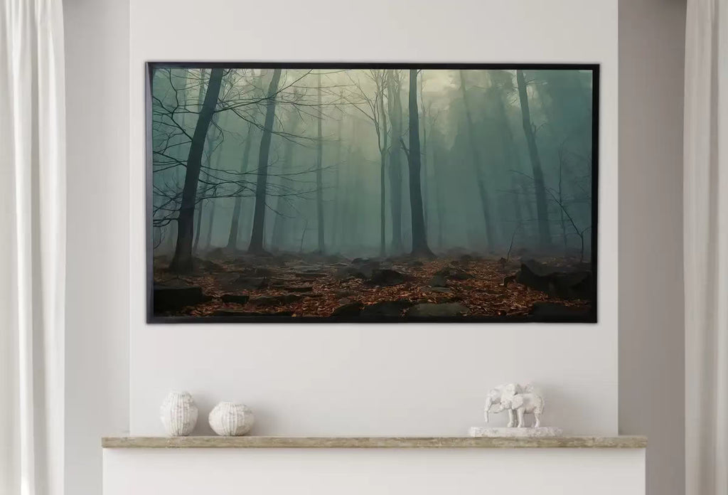 Samsung Frame TV Art 4K Mysterious Foggy Woods Landscape Digital Painting. Instant Download Forest Art for the Samsung Frame TV. Art for TV – Frame TV  Art
