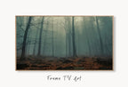 Samsung Frame TV Art 4K Mysterious Foggy Woods Landscape Digital Painting. Instant Download Forest Art for the Samsung Frame TV. Art for TV displayed on Samsung Frame TV on a living room wall.