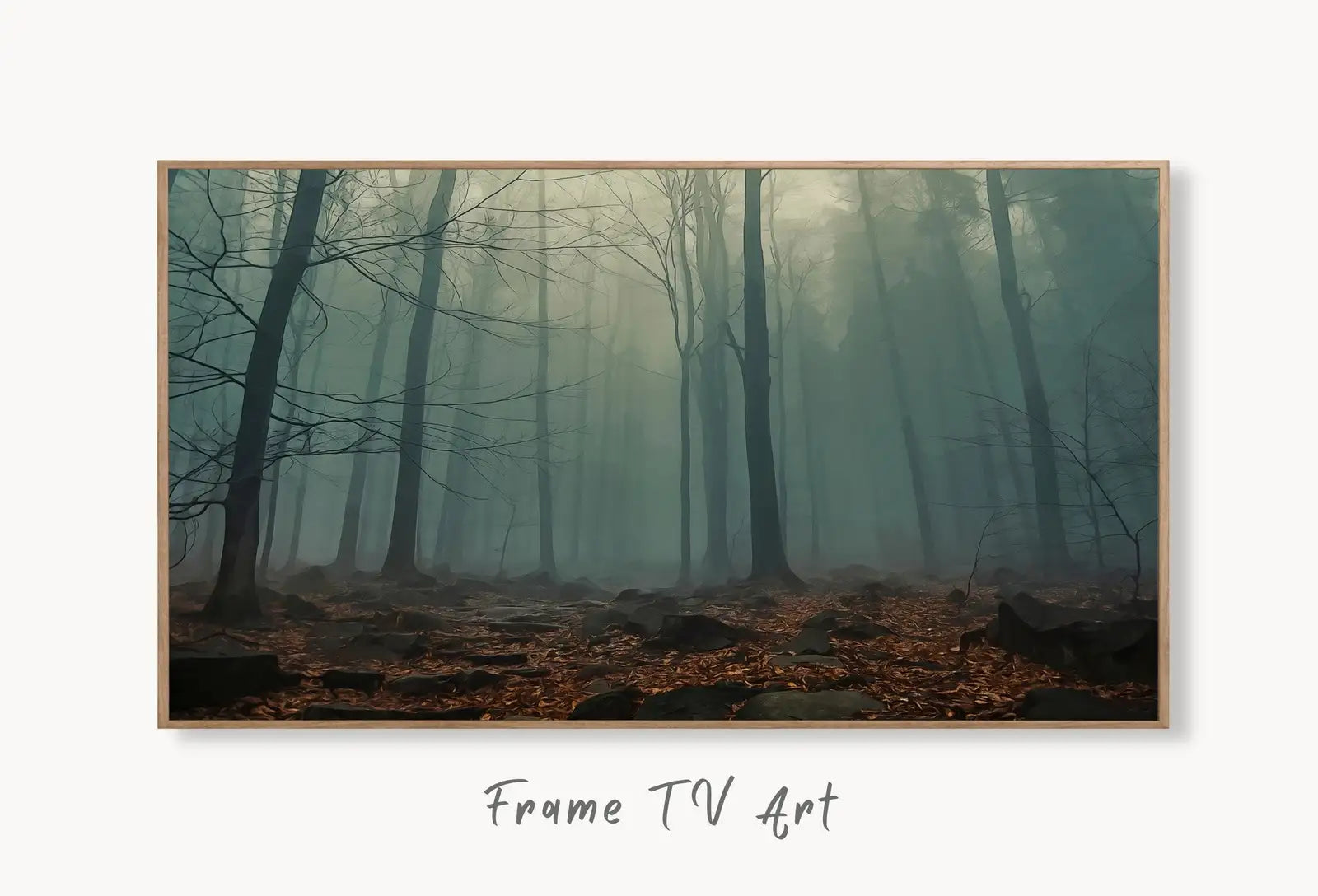 Samsung Frame TV Art 4K Mysterious Foggy Woods Landscape Digital Painting. Instant Download Forest Art for the Samsung Frame TV. Art for TV displayed on Samsung Frame TV on a living room wall.