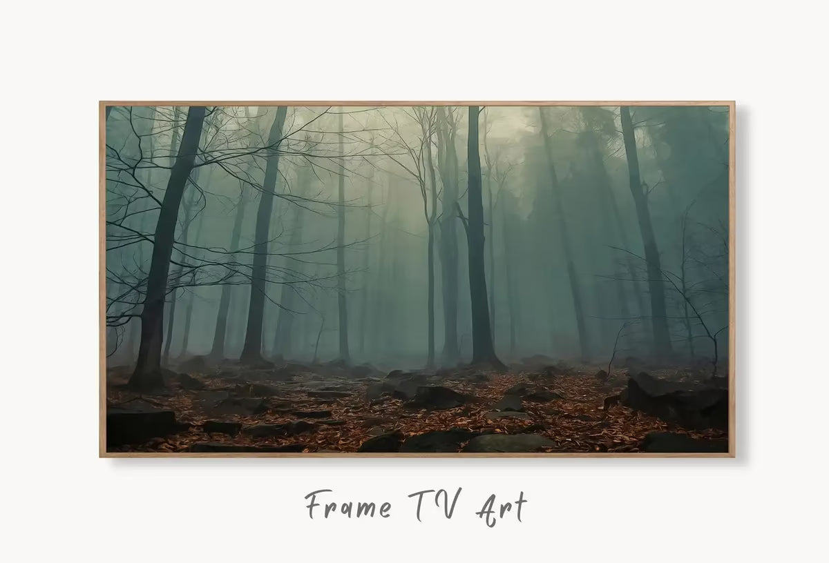Samsung Frame TV Art 4K Mysterious Foggy Woods Landscape Digital Painting. Instant Download Forest Art for the Samsung Frame TV. Art for TV – Frame TV  Art