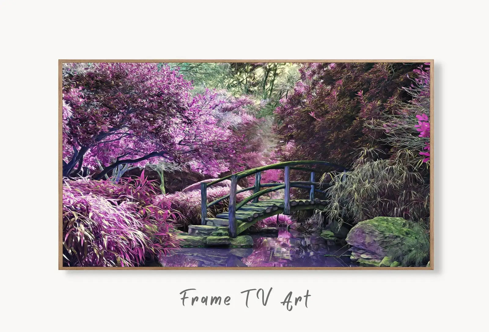 Samsung Frame TV Art 4K Mystical Garden Spring Landscape Digital Painting. Instant Download Colorful Spring Art for the Frame TV. Art for TV displayed on Samsung Frame TV on a living room wall.