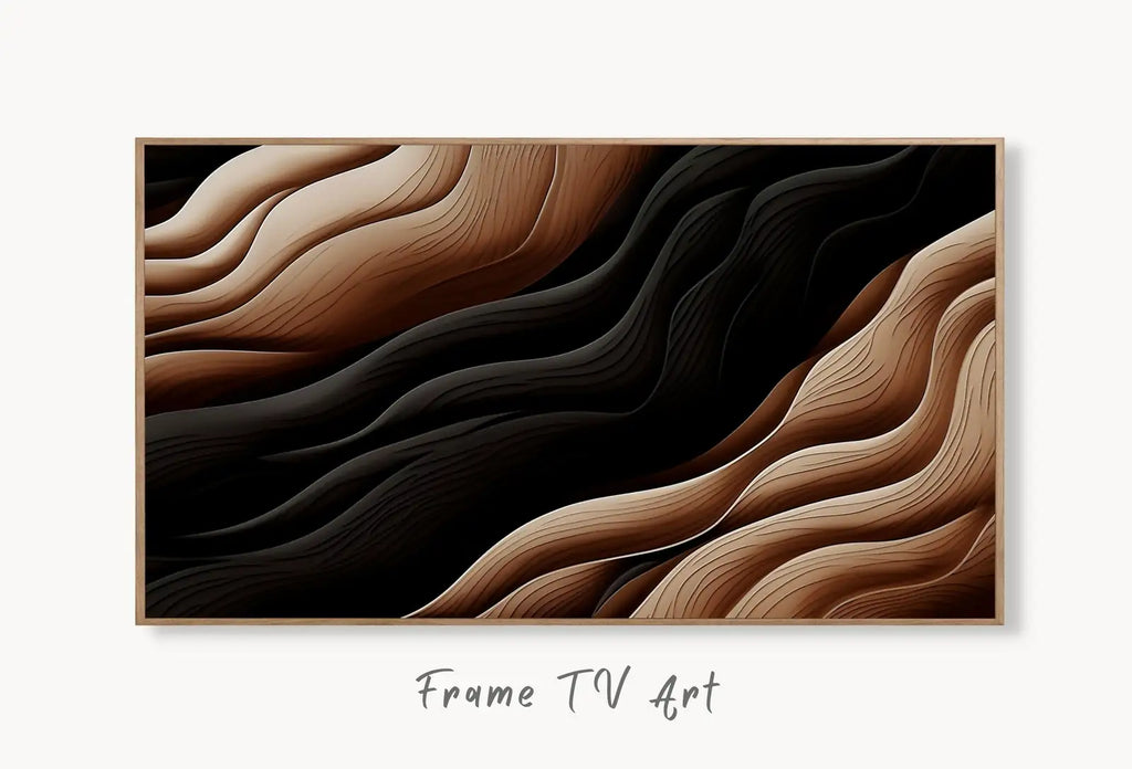 Samsung Frame TV Art 4K Neutral Minimalist Abstract Modern Art. Beige & Black 3D Texture Art. Abstract Pattern Instant Download Art for TV displayed on Samsung Frame TV on a living room wall. (variation 1)