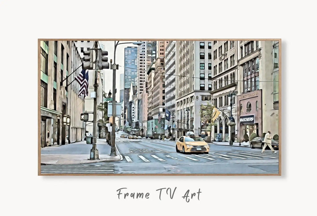 Samsung Frame TV Art 4K New York City 5th Avenue Wall Art Urban Decor. Instant Download New York Digital Painting for Frame TV. Art for TV displayed on Samsung Frame TV on a living room wall.