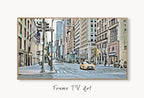 Samsung Frame TV Art 4K New York City 5th Avenue Wall Art Urban Decor. Instant Download New York Digital Painting for Frame TV. Art for TV displayed on Samsung Frame TV on a living room wall.