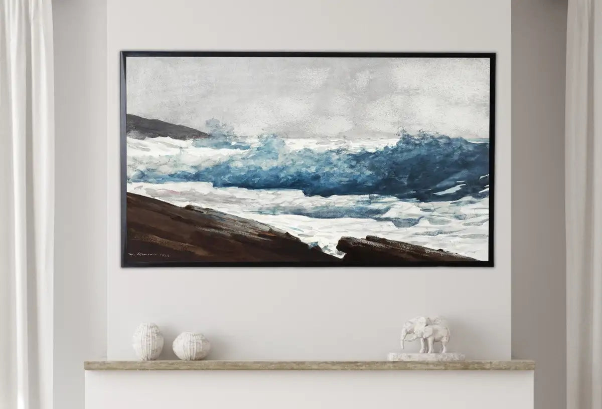 Detail view of artwork from Samsung Frame TV Art 4K, Ocean Waves Vintage Painting. Samsung Art TV Digital Download for Samsung Frame, Coastal Landscape Frame TV Art. (variation 2)