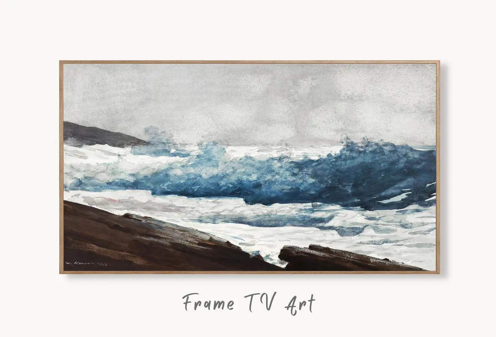 Samsung Frame TV Art 4K, Ocean Waves Vintage Painting. Samsung Art TV Digital Download for Samsung Frame, Coastal Landscape Frame TV Art displayed on Samsung Frame TV on a living room wall.
