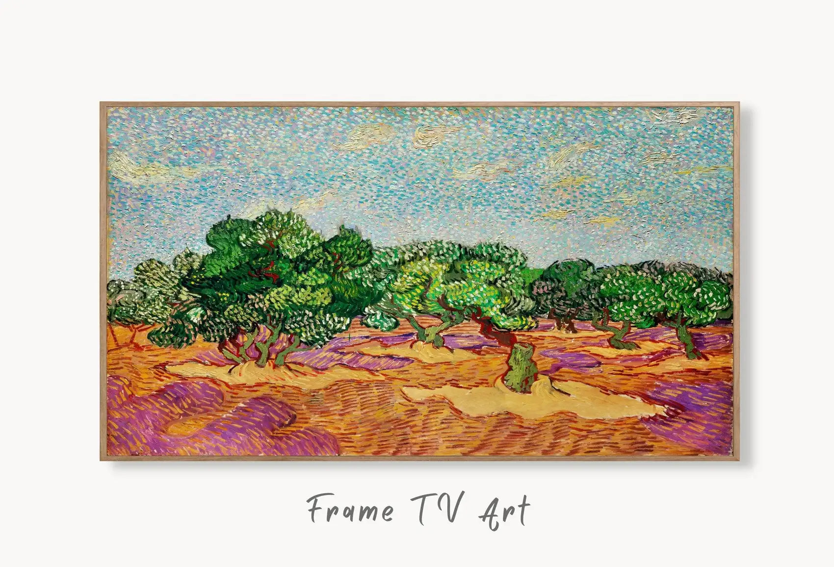 Samsung Frame TV Art 4K Olive Trees Famous Painting by Vincent van Gogh. Instant Download van Gogh Landscape for the Frame TV. Vintage Decor displayed on Samsung Frame TV on a living room wall.