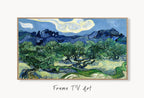 Samsung Frame TV Art 4K Olive Trees with Alpilles Famous Painting by Vincent van Gogh. Instant Download van Gogh Landscape for the Frame TV displayed on Samsung Frame TV on a living room wall.