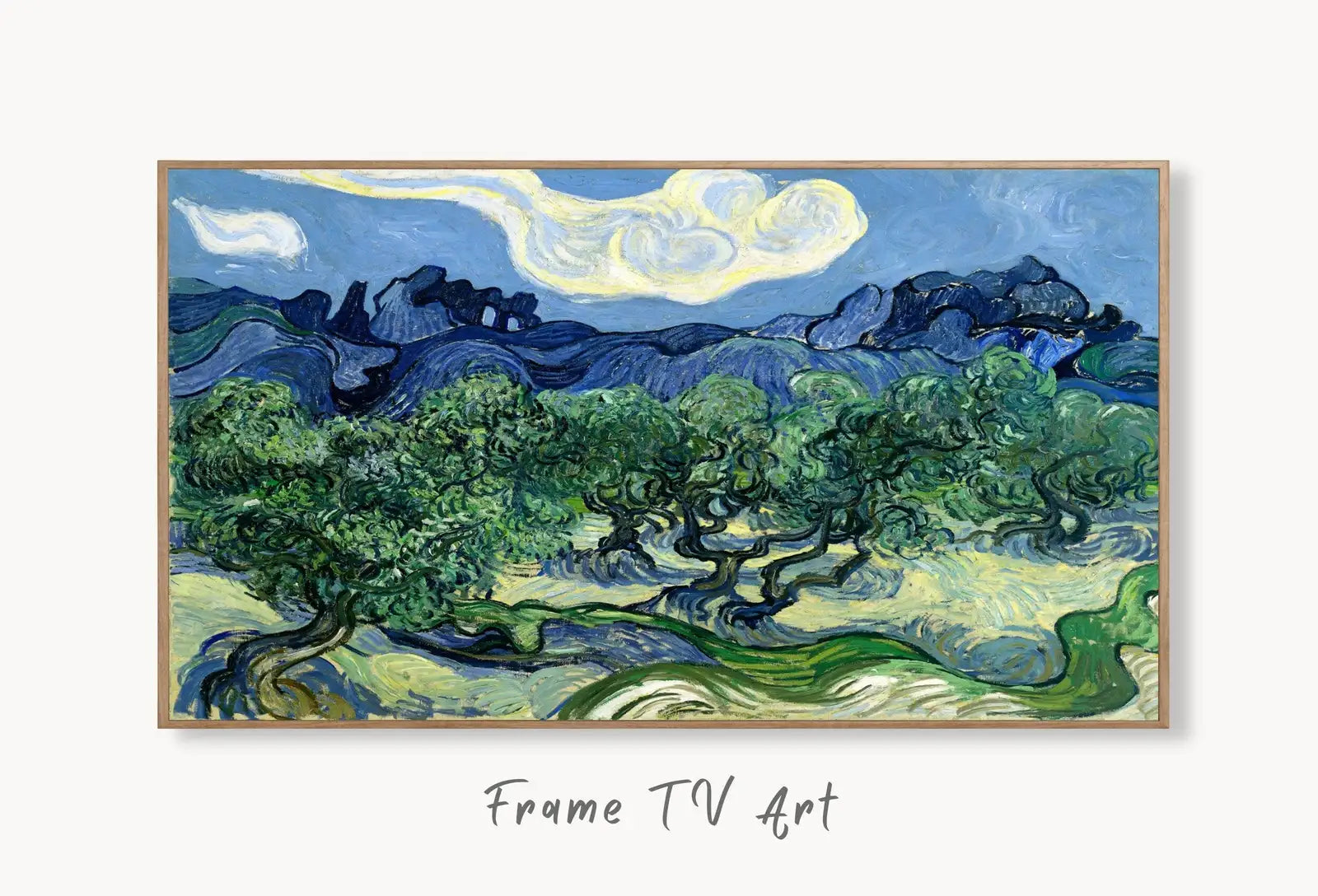 Samsung Frame TV Art 4K Olive Trees with Alpilles Famous Painting by Vincent van Gogh. Instant Download van Gogh Landscape for the Frame TV displayed on Samsung Frame TV on a living room wall.