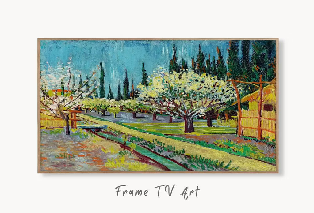 Samsung Frame TV Art 4K Orchard Bordered by Cypresses Famous Vincent van Gogh Painting. Instant Download van Gogh Landscape for the Frame TV – Frame TV  Art