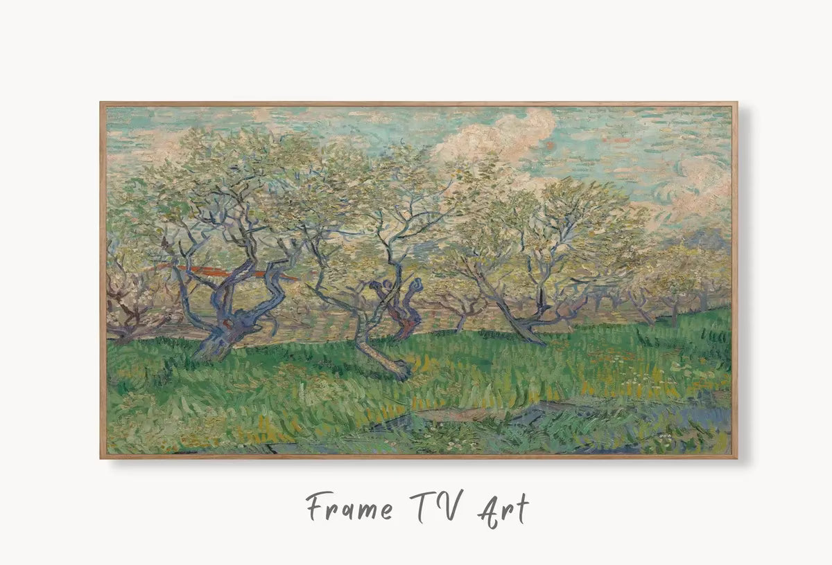 Samsung Frame TV Art 4K Orchard in Blossom Famous Vincent van Gogh Painting. Instant Download van Gogh Landscape for Frame TV. Vintage Decor – Frame TV  Art