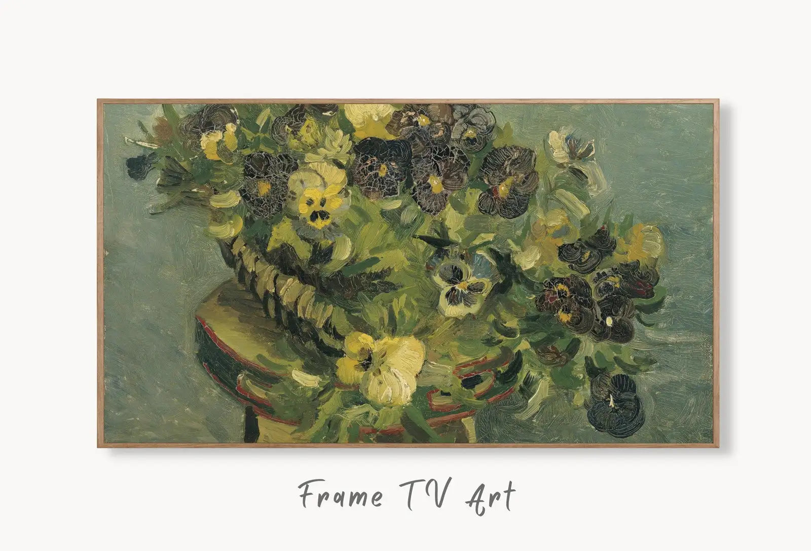 Samsung Frame TV Art 4K Pansies Famous Still Life Painting by Vincent van Gogh. Instant Download van Gogh Art for Frame TV. Vintage Wall Art displayed on Samsung Frame TV on a living room wall.