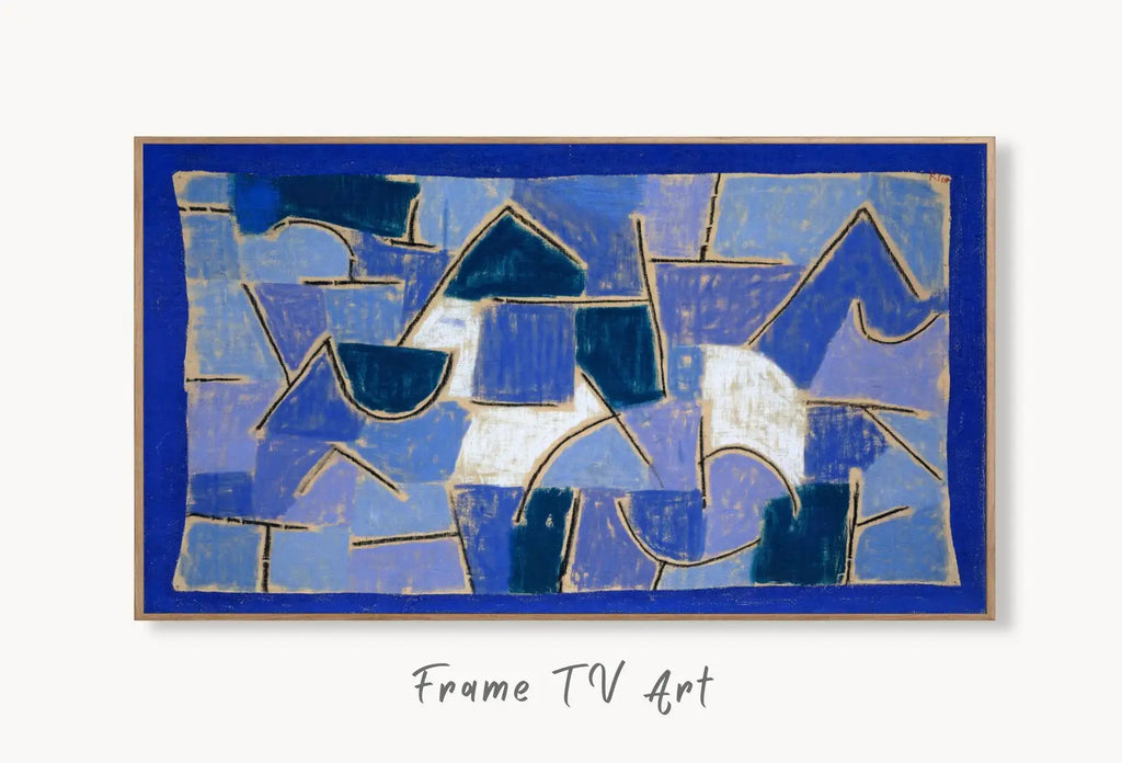 Samsung Frame TV Art 4K Paul Klee Blue Night Abstract Painting. Instant Download Vintage Famous Abstract Painting Paul Klee Art for Frame TV displayed on Samsung Frame TV on a living room wall.