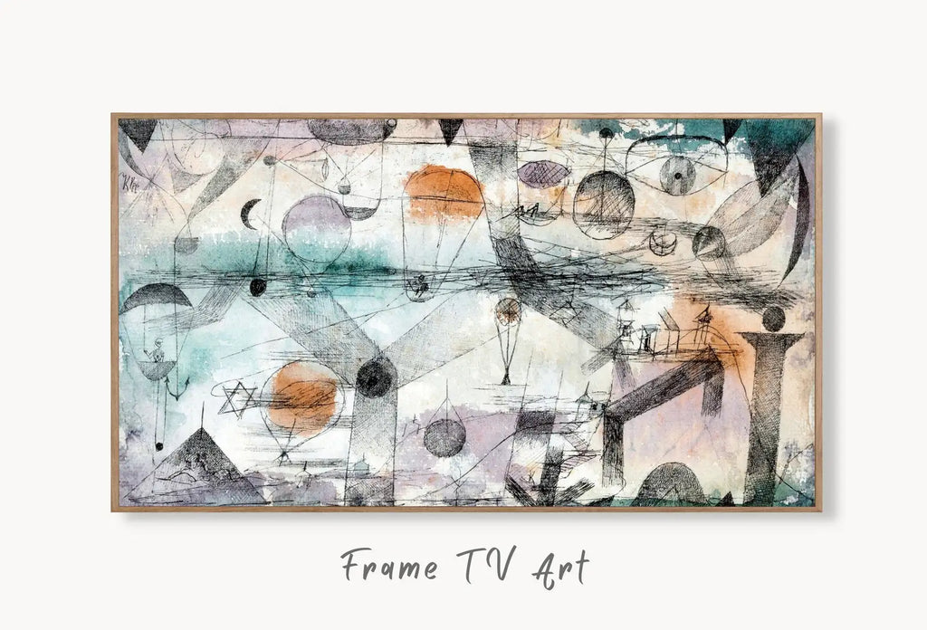Samsung Frame TV Art 4K Paul Klee The Realm of Air Abstract Painting. Instant Download Vintage Famous Abstract Painting Klee Art for TV displayed on Samsung Frame TV on a living room wall.