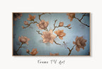 Samsung Frame TV Art 4K Pink Blossom Flowers Digital Painting. Instant Download Cherry Blossom Floral Art for Frame TV. Botanical Wall Art displayed on Samsung Frame TV on a living room wall.