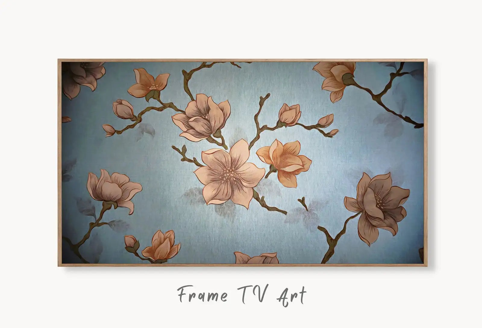 Samsung Frame TV Art 4K Pink Blossom Flowers Digital Painting. Instant Download Cherry Blossom Floral Art for Frame TV. Botanical Wall Art displayed on Samsung Frame TV on a living room wall.