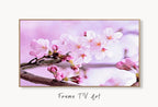 Samsung Frame TV Art 4K Pink Cherry Blossom Tree Digital Painting. Instant Download Pink Blossom Floral Art for Frame TV. Botanical Wall Art displayed on Samsung Frame TV on a living room wall.