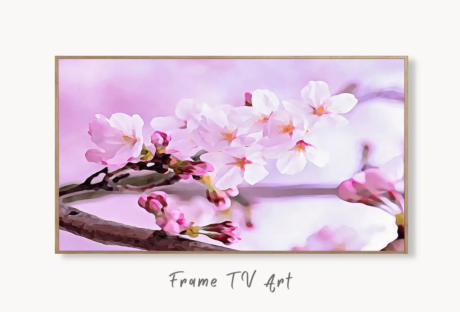 Samsung Frame TV Art 4K Pink Cherry Blossom Tree Digital Painting. Instant Download Pink Blossom Floral Art for Frame TV. Botanical Wall Art displayed on Samsung Frame TV on a living room wall.