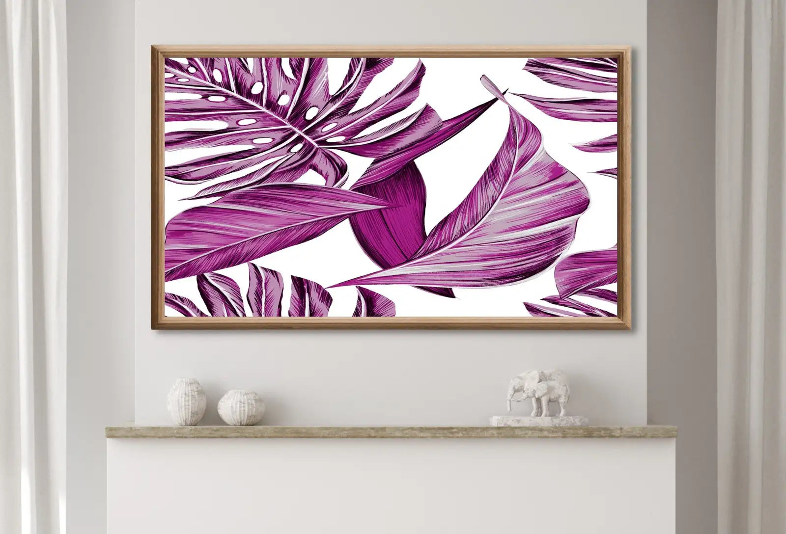 Detail view of artwork from Samsung Frame TV Art 4K Pink Tropical Leaves Botanical Wall Art. Instant Download Nature Digital Painting. Palm Leaf Art for the Frame TV. (variation 1)