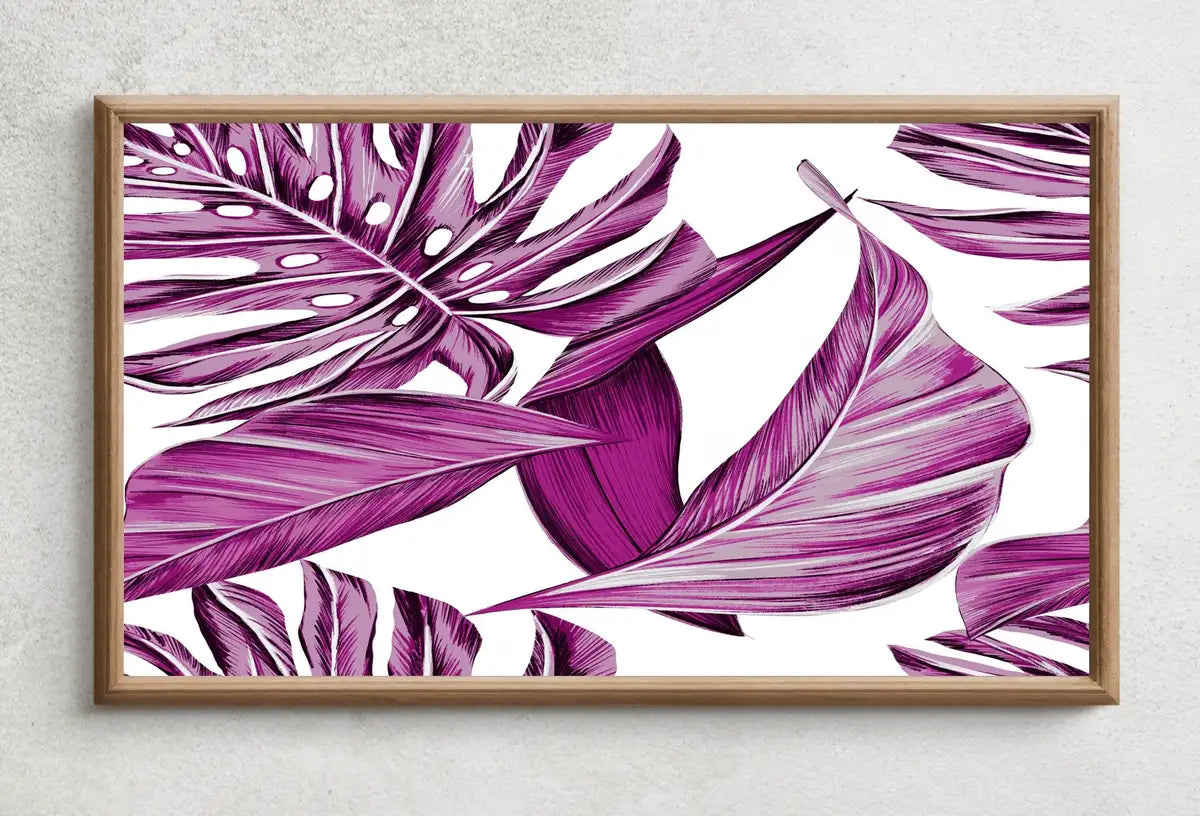 Detail view of artwork from Samsung Frame TV Art 4K Pink Tropical Leaves Botanical Wall Art. Instant Download Nature Digital Painting. Palm Leaf Art for the Frame TV. (variation 2)