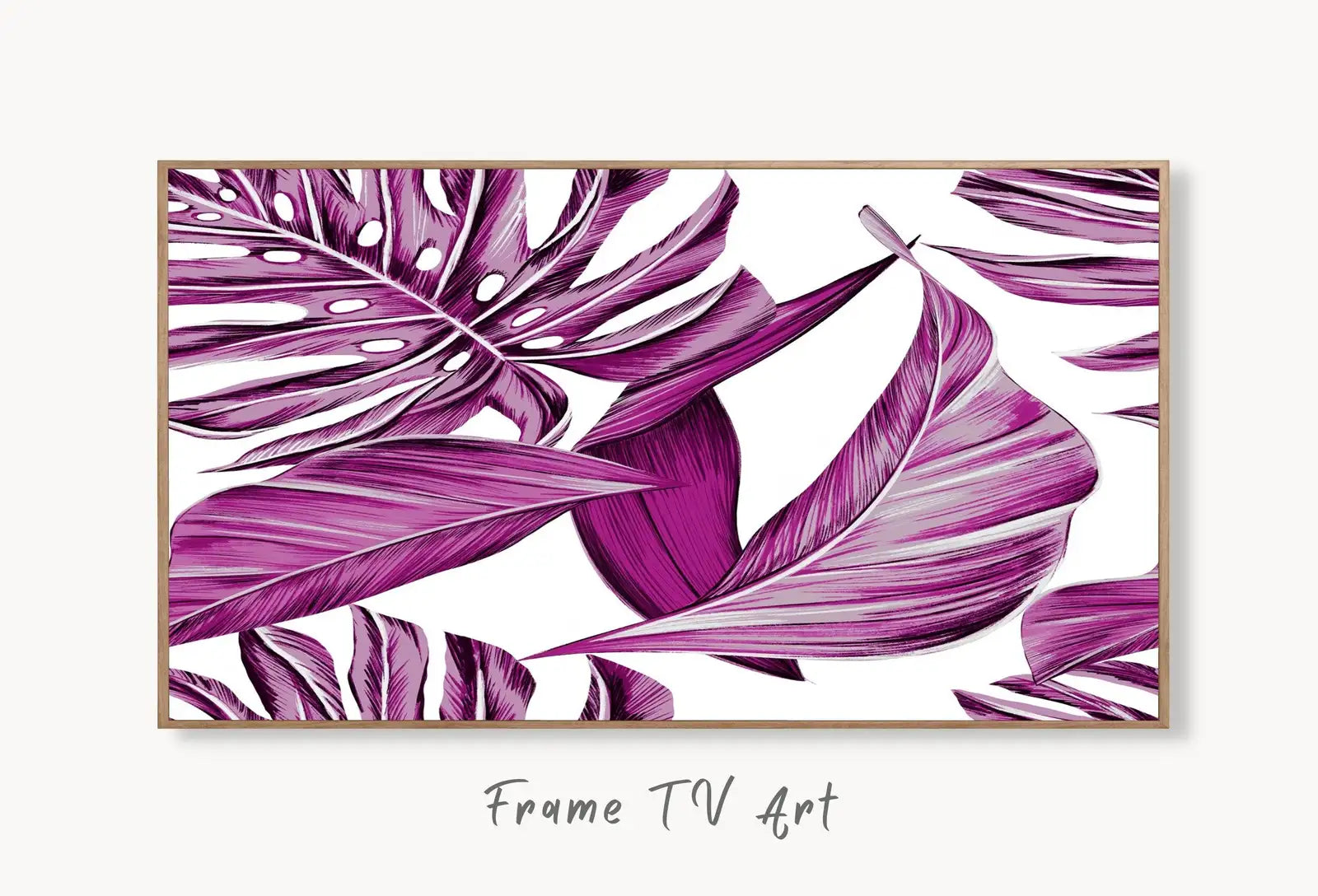 Samsung Frame TV Art 4K Pink Tropical Leaves Botanical Wall Art. Instant Download Nature Digital Painting. Palm Leaf Art for the Frame TV displayed on Samsung Frame TV on a living room wall.