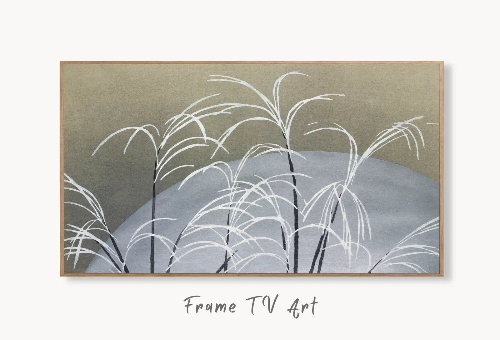 Samsung Frame TV Art 4K Plants and Moon Vintage Japanese Wall Art. Instant Download Antique Japanese Art for the Frame TV. Vintage Wall Art displayed on Samsung Frame TV on a living room wall.