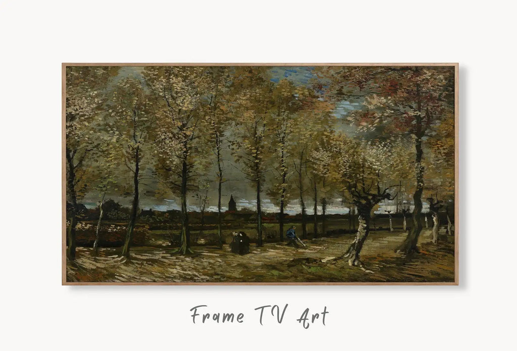 Samsung Frame TV Art 4K Poplars near Nuenen Famous Painting by Vincent van Gogh. Instant Download van Gogh Art for the Frame TV. Vintage Art displayed on Samsung Frame TV on a living room wall.