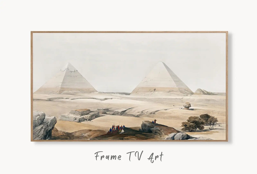 Samsung Frame TV Art 4K Pyramids of Giza Landscape Ancient Egyptian Wall Art. Instant Download Antique Vintage Egyptian Art for Frame TV. displayed on Samsung Frame TV on a living room wall.