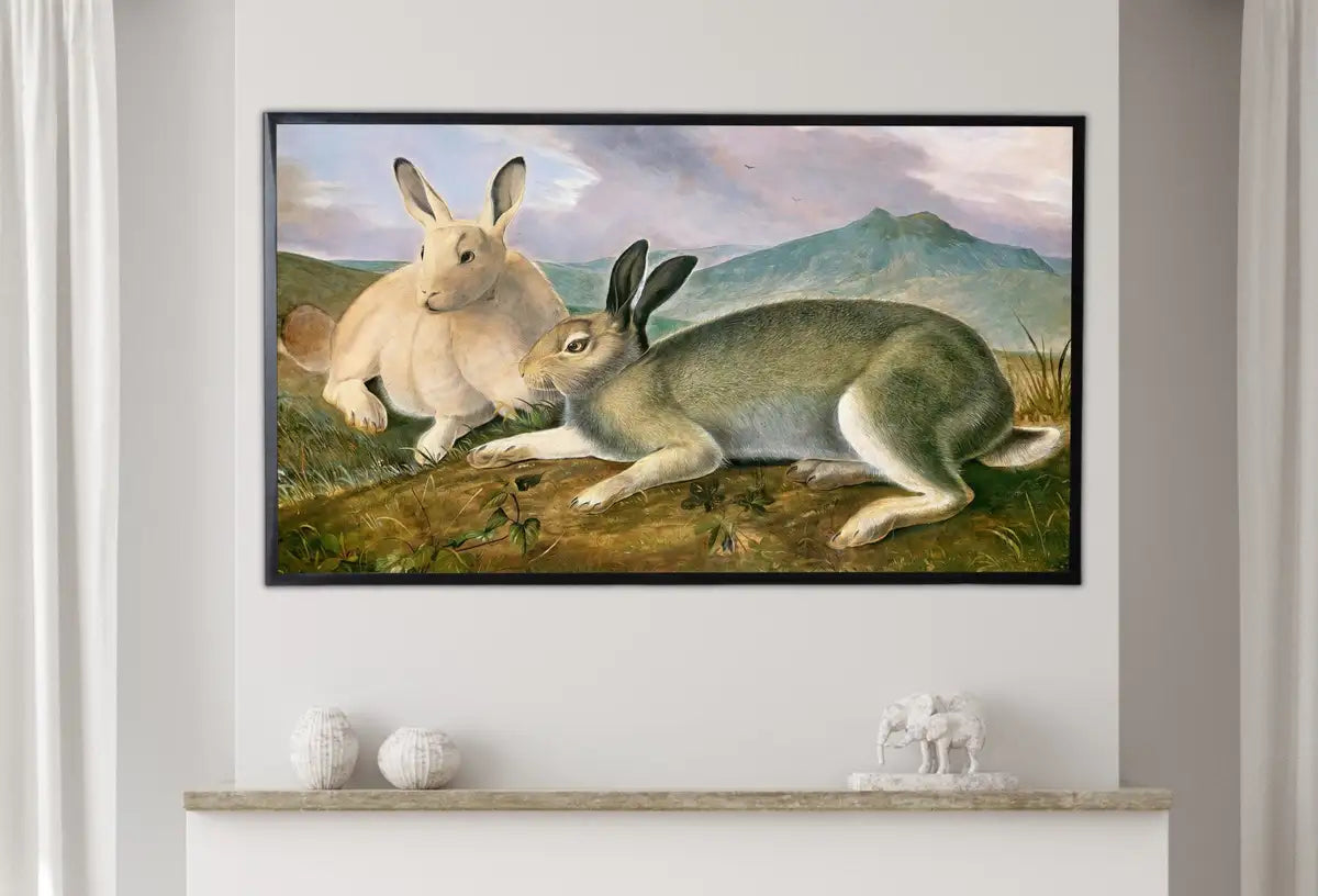 Detail view of artwork from Samsung Frame TV Art 4K Rabbits Vintage Painting. Instant Download Rabbits Wall Animal Nature Art for Samsung Frame TV. Rabbits Art for TV. (variation 2)