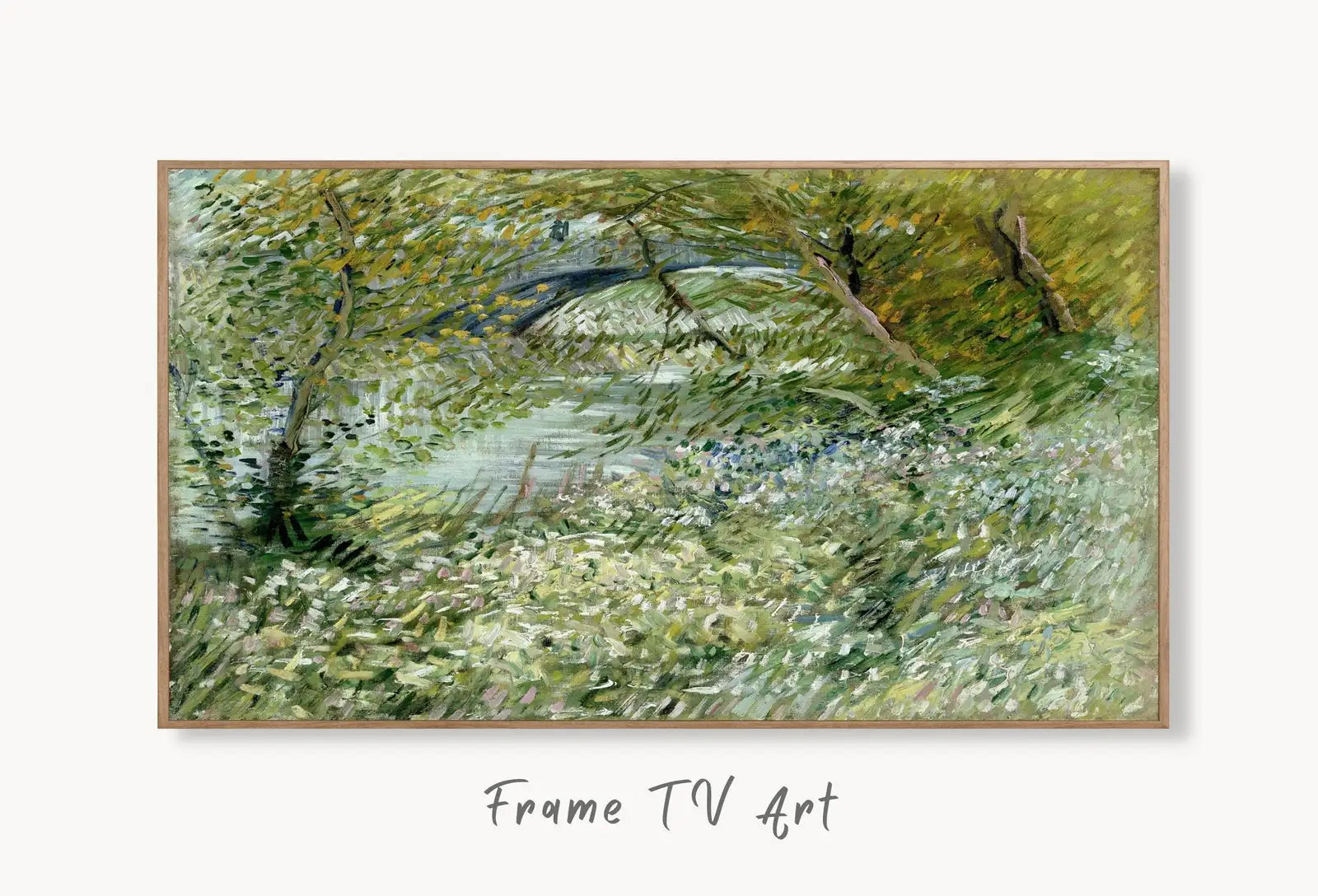 Samsung Frame TV Art 4K River Bank in Springtime Famous Painting by Vincent van Gogh. Instant Download van Gogh Landscape for the Frame TV displayed on Samsung Frame TV on a living room wall.