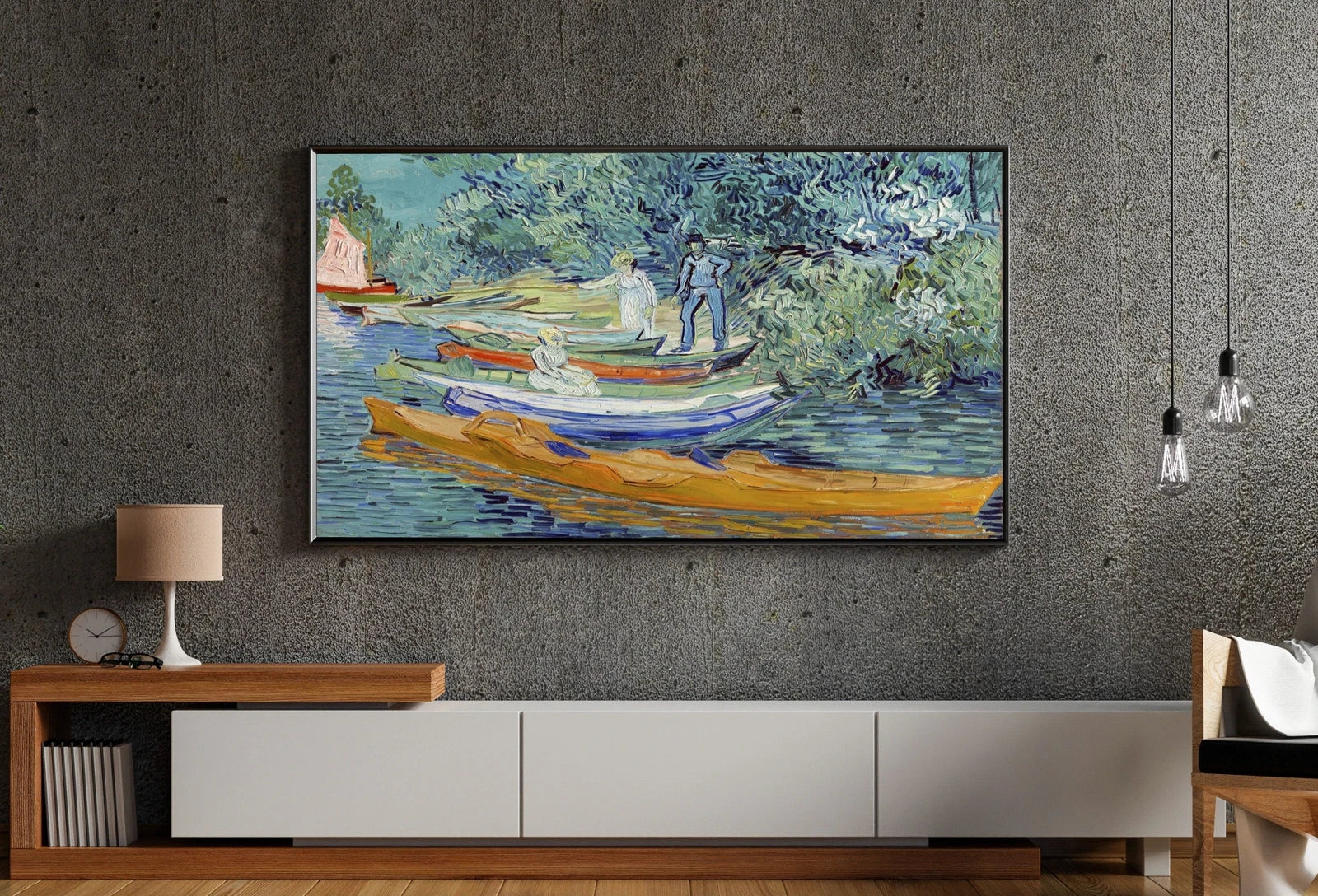 Detail view of artwork from Samsung Frame TV Art 4K River Bank with Boats Famous Painting by Vincent van Gogh. Instant Download van Gogh Landscape for the Frame TV. (variation 2)