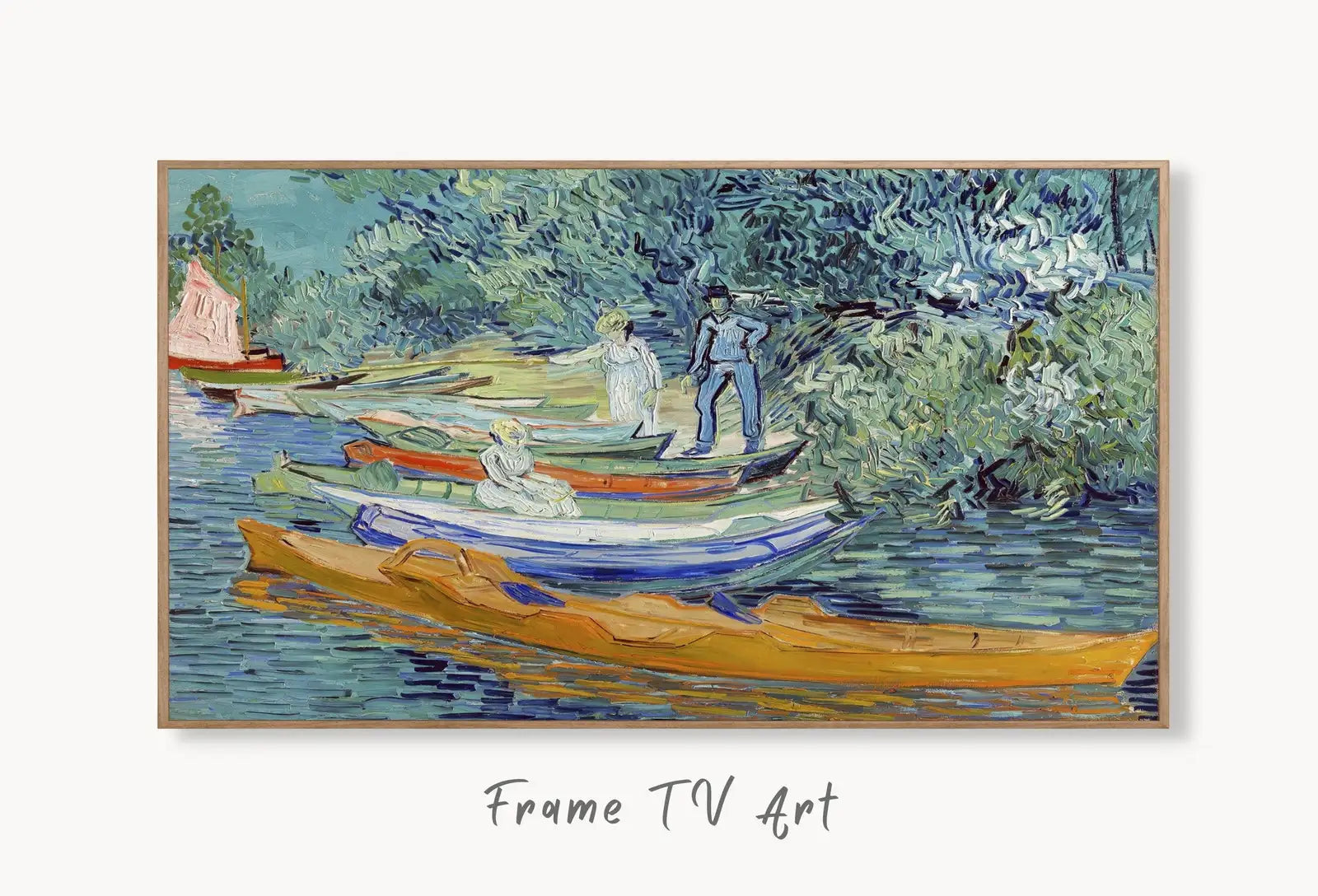 Collage of artworks from Samsung Frame TV Art 4K River Bank with Boats Famous Painting by Vincent van Gogh. Instant Download van Gogh Landscape for the Frame TV Frame TV Art Collection – digital download set.