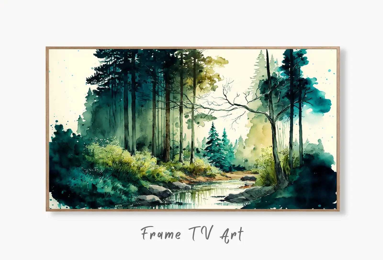 Samsung Frame TV Art 4K River in Forest Watercolor Landscape Digital Painting. Instant Download Forest Art for Samsung Frame TV. Art for TV displayed on Samsung Frame TV on a living room wall.